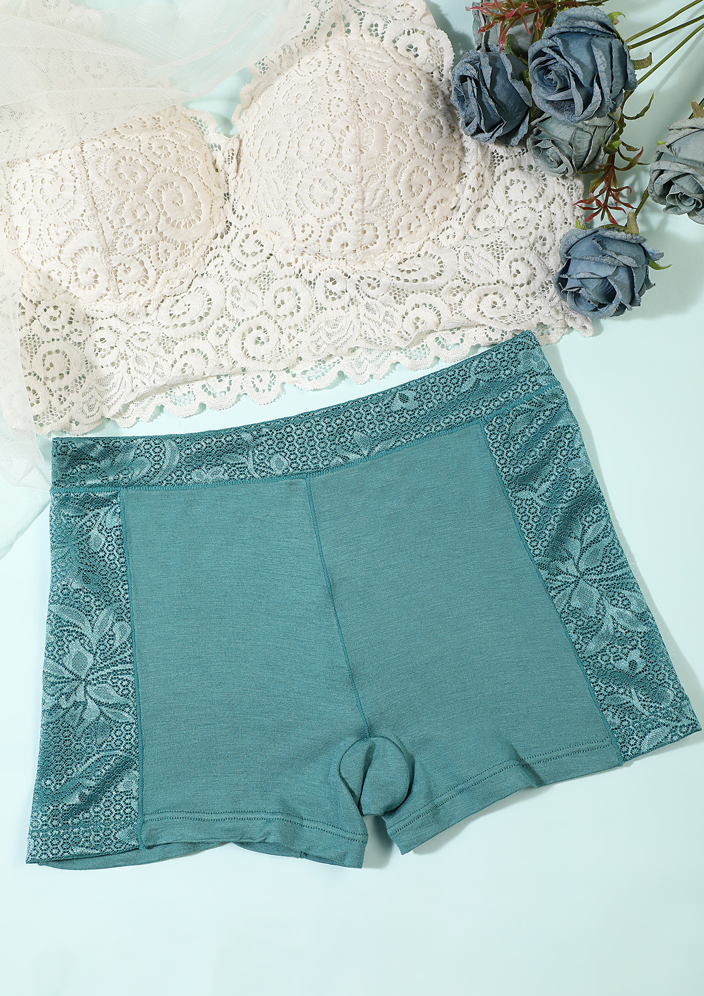 PEACOCK BLUE BOYSHORTS WITH LACE TRIMMING