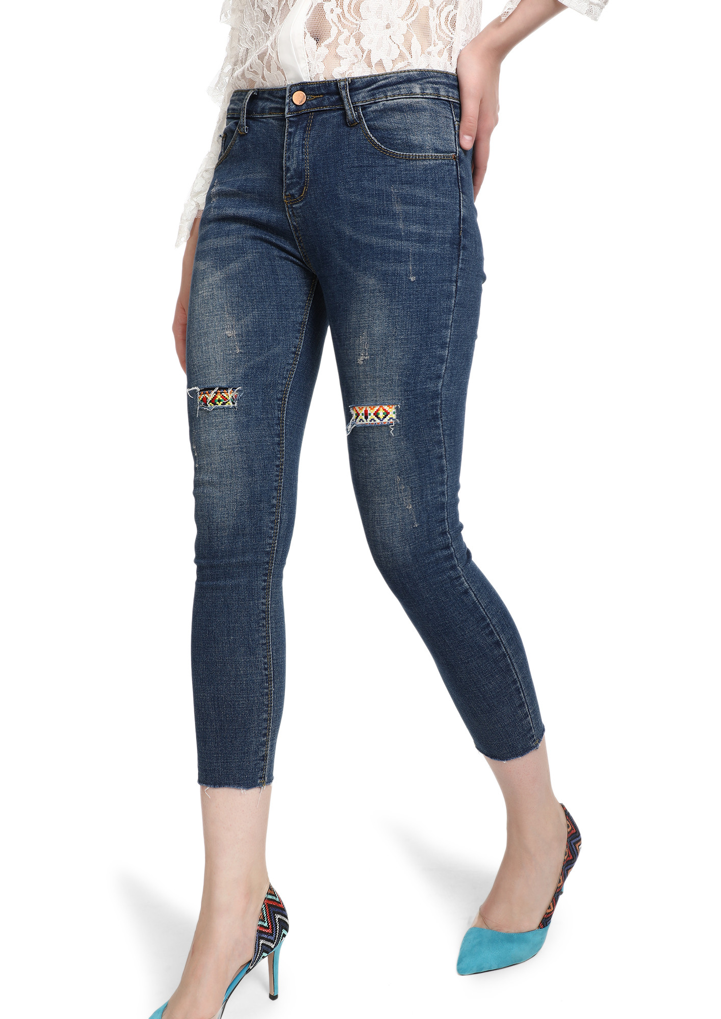 THINKING AZTEC BLUE RIP AND REPAIR SKINNY JEANS