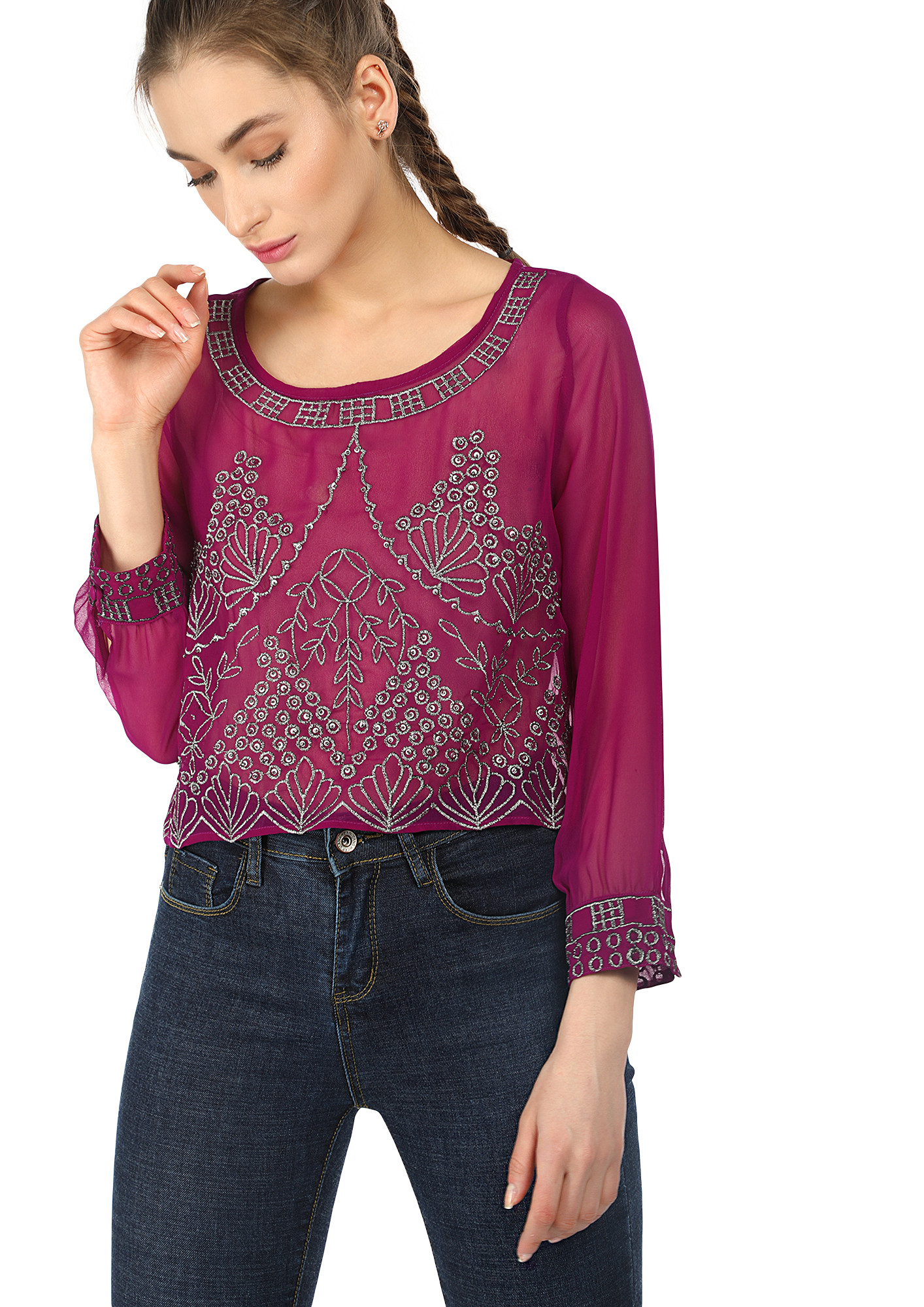 SHEER BY NATURE EMBELLISHED PURPLE BLOUSE