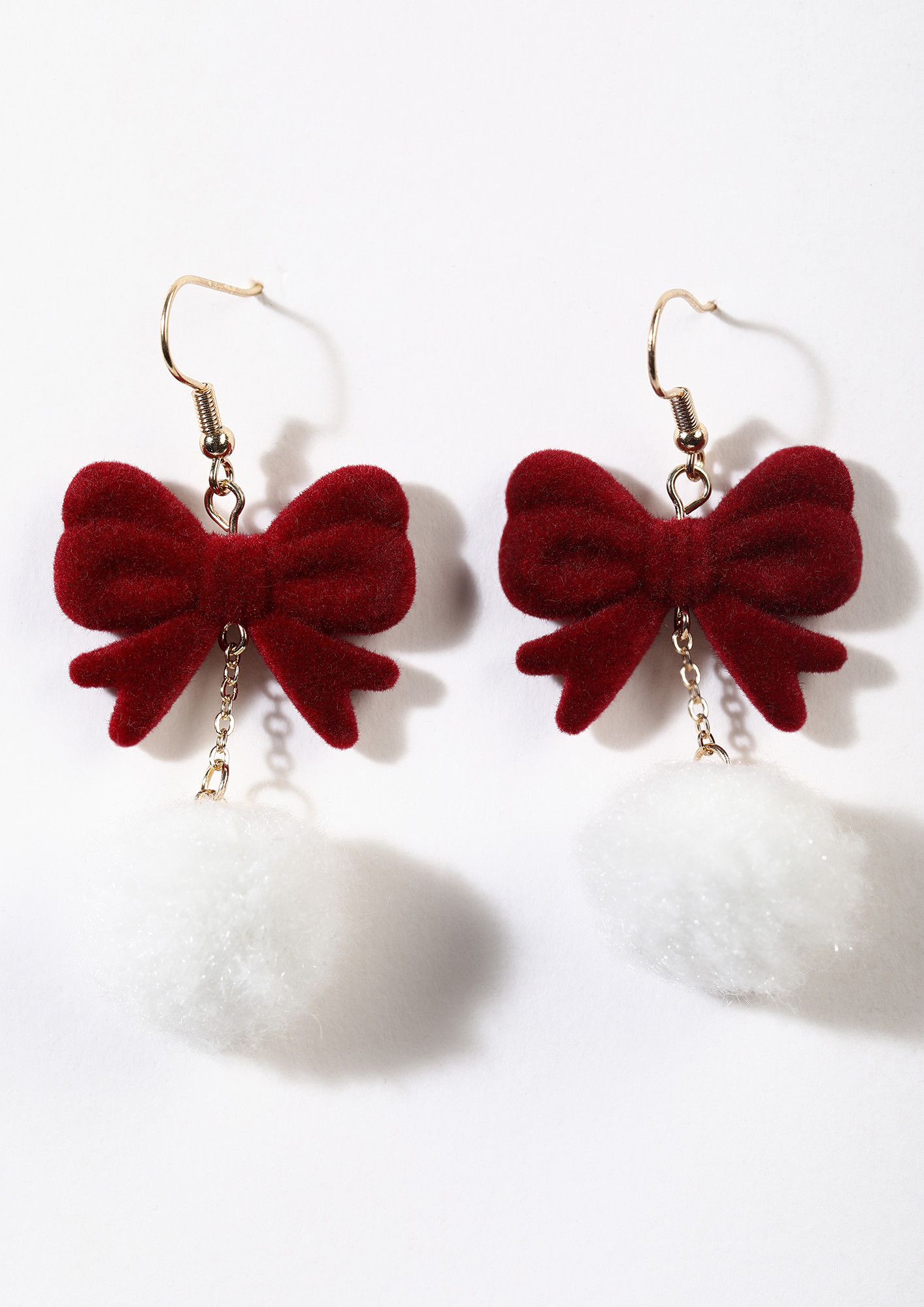 BOWS AND COTTON BALLS RED DROP EARRINGS