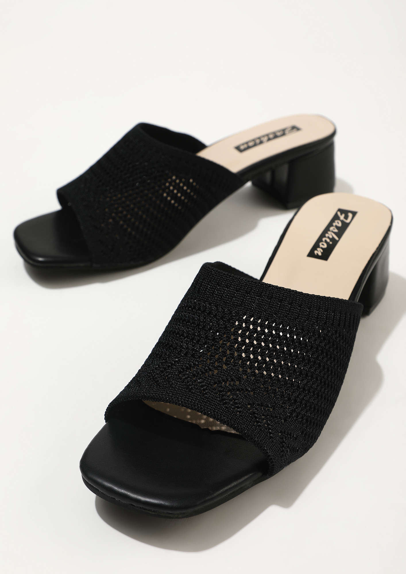 WITH A FEMININE TOUCH BLACK HEELED MULES