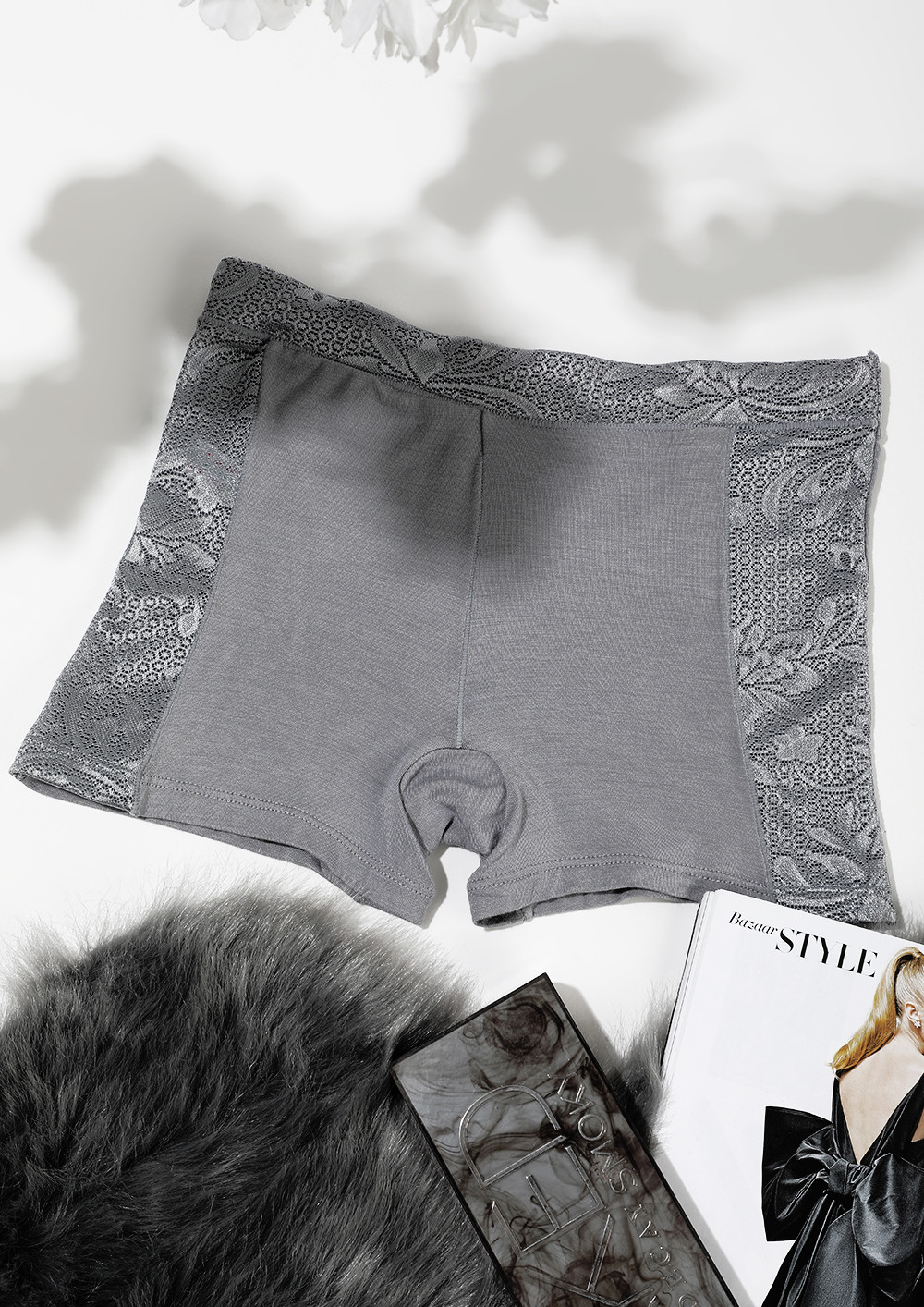 GREY BOYSHORTS WITH LACE TRIMMING