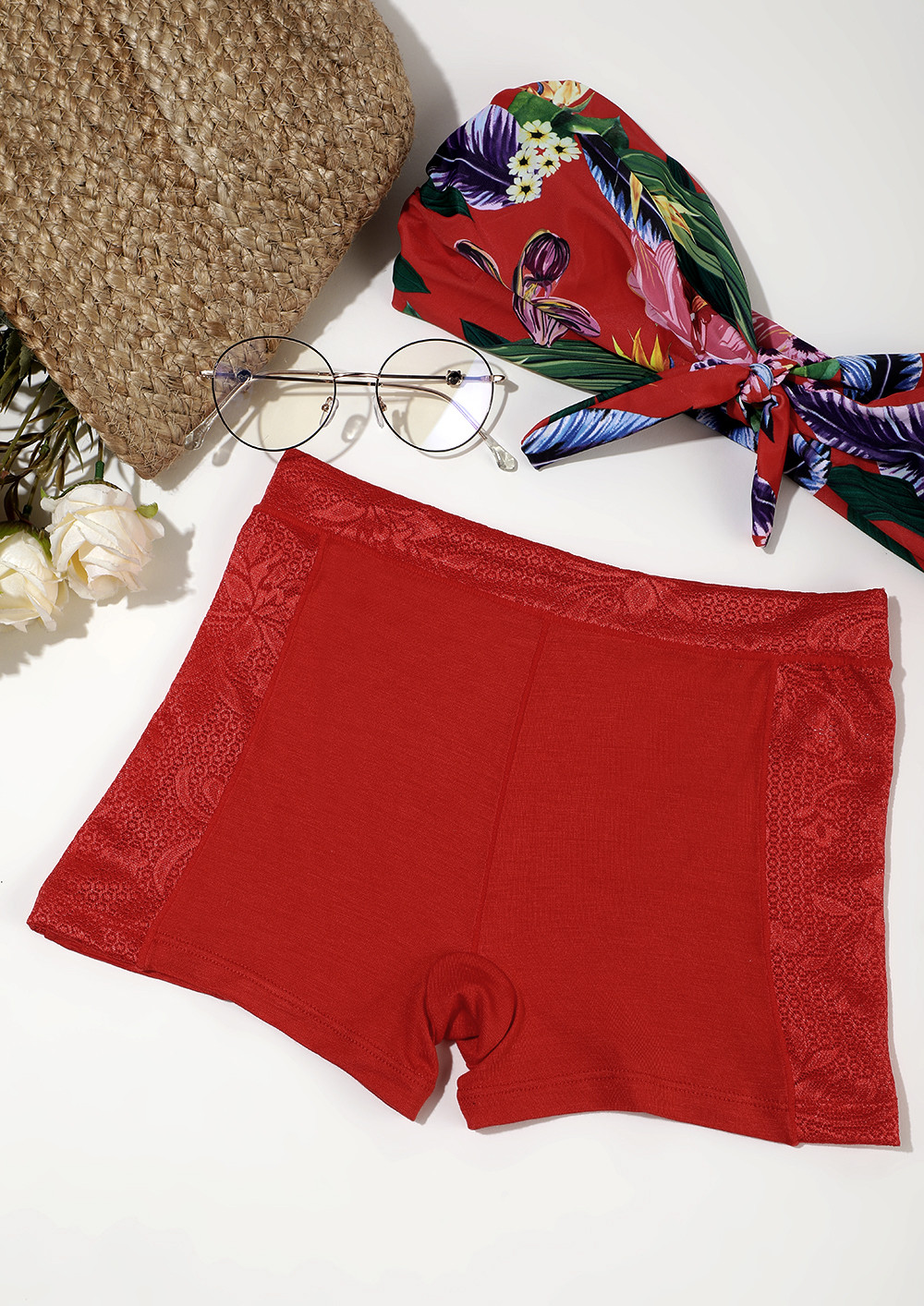 RED BOYSHORTS WITH LACE TRIMMING