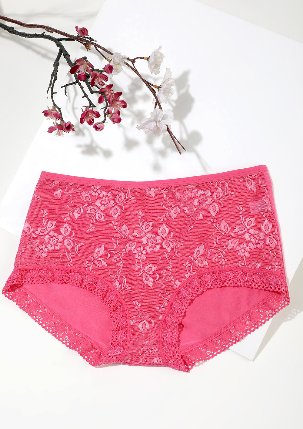 PINK HIGH-WAIST HIPSTERS WITH LACE TRIMMING