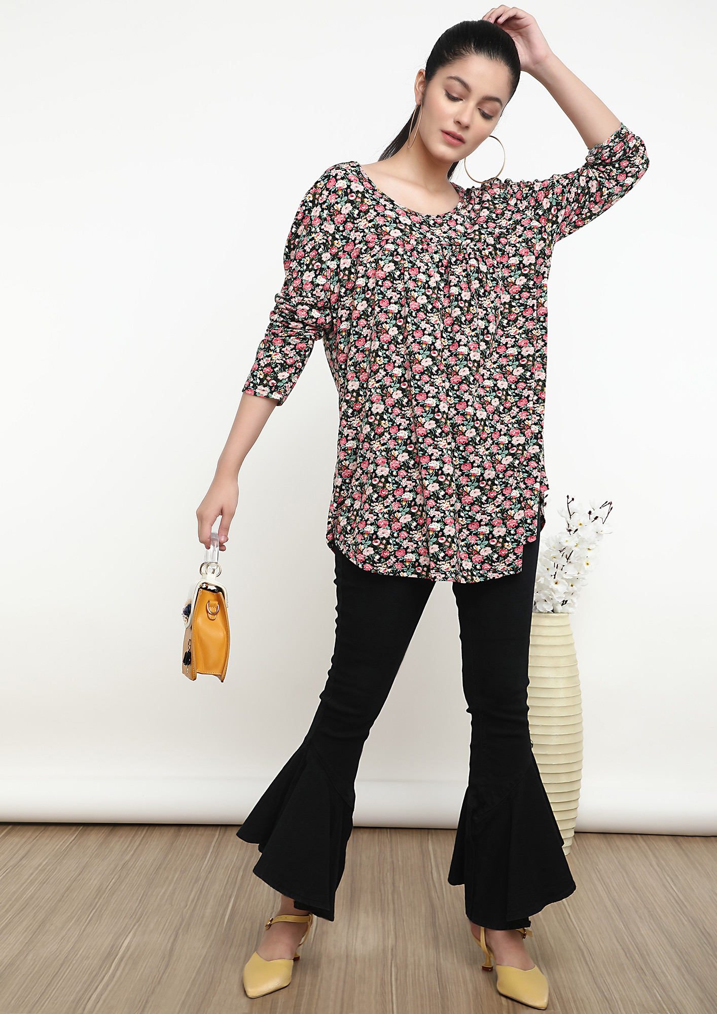 ON A FLOWER TRIP BLACK TUNIC TOP