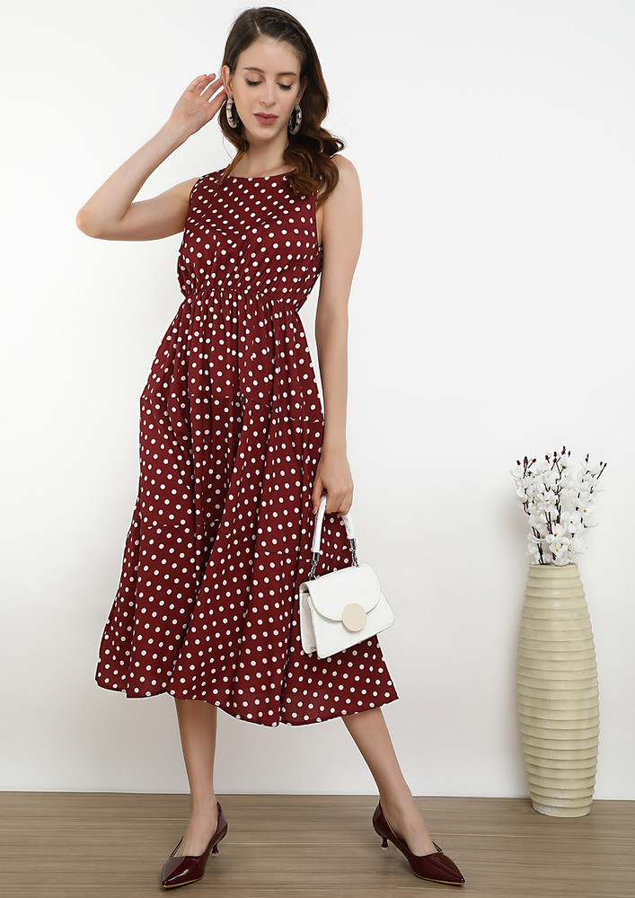 CONNECTING THE DOTS RED MIDI DRESS