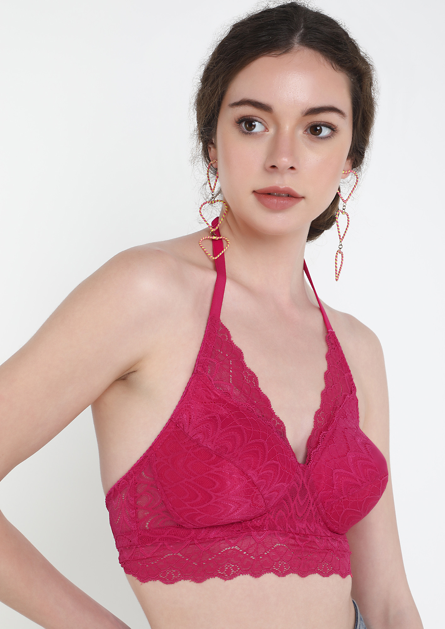 Buy Feel The Ease Pink Padded Non Wired Halter Neck Longline Lace Bralette  for Women Online in India