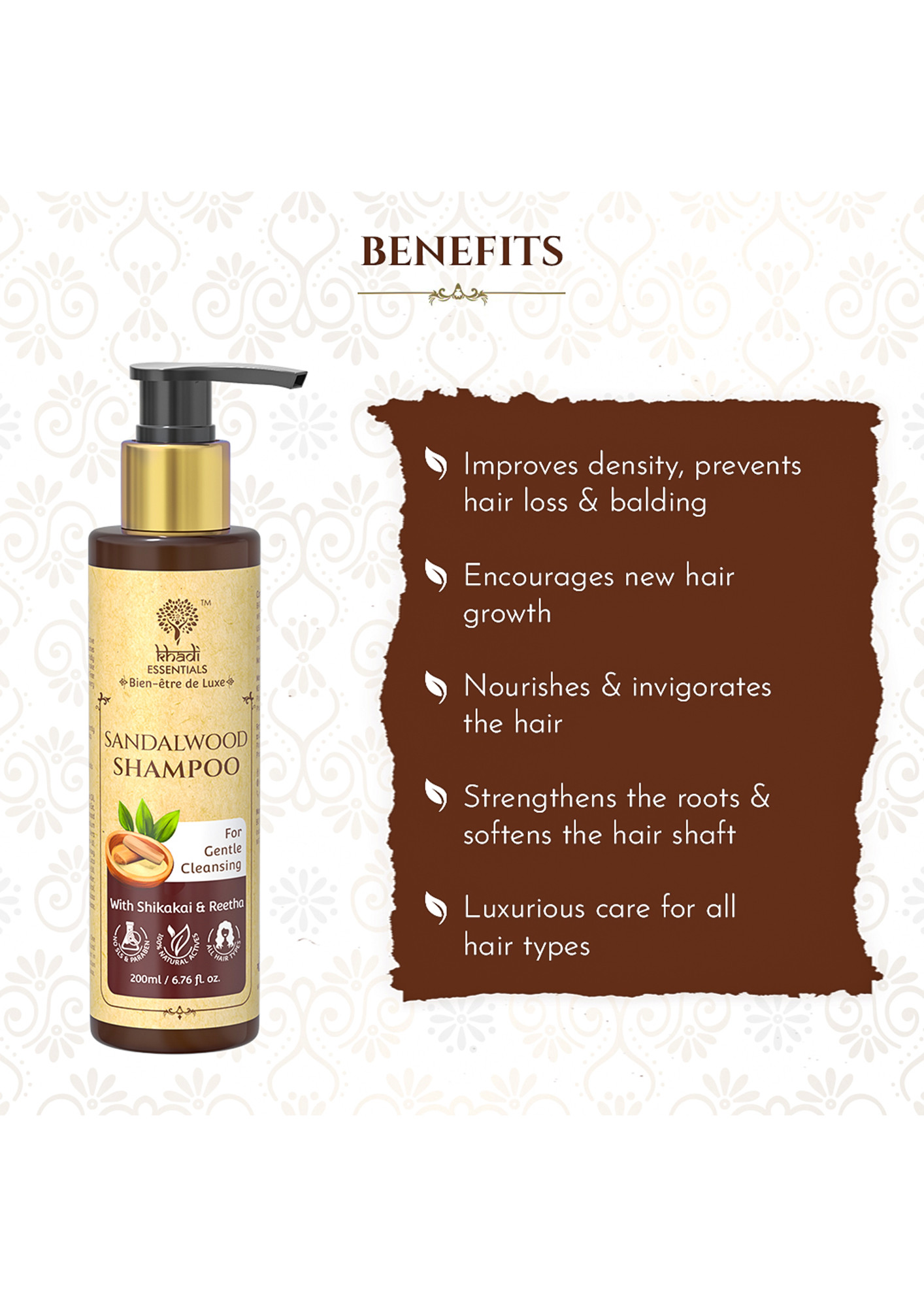 Buy Khadi Essentials Sandalwood Shampoo for Hairfall Gentle Cleansing with  Shikakai & Reetha-200ml for Women Online in India