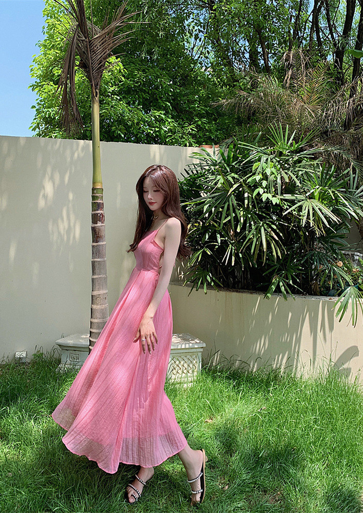Pink Backless Tie-up A-line Maxi Dress