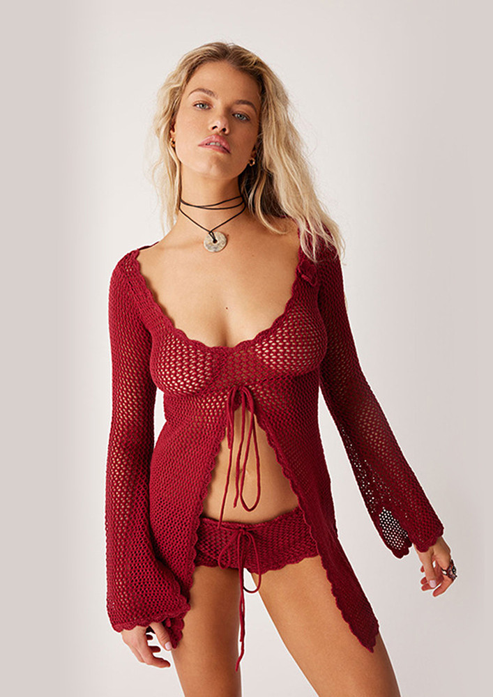 Red Scoop Neck Full Sleeved Cover-up