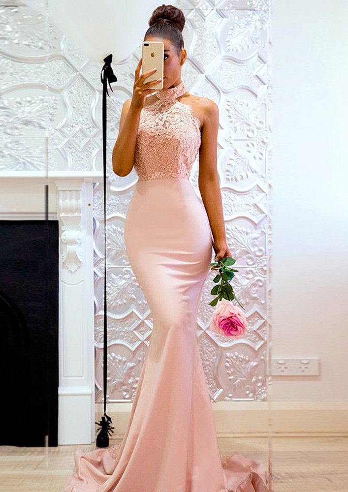 LACY PINK BACKLESS FISHTAIL MAXI DRESS