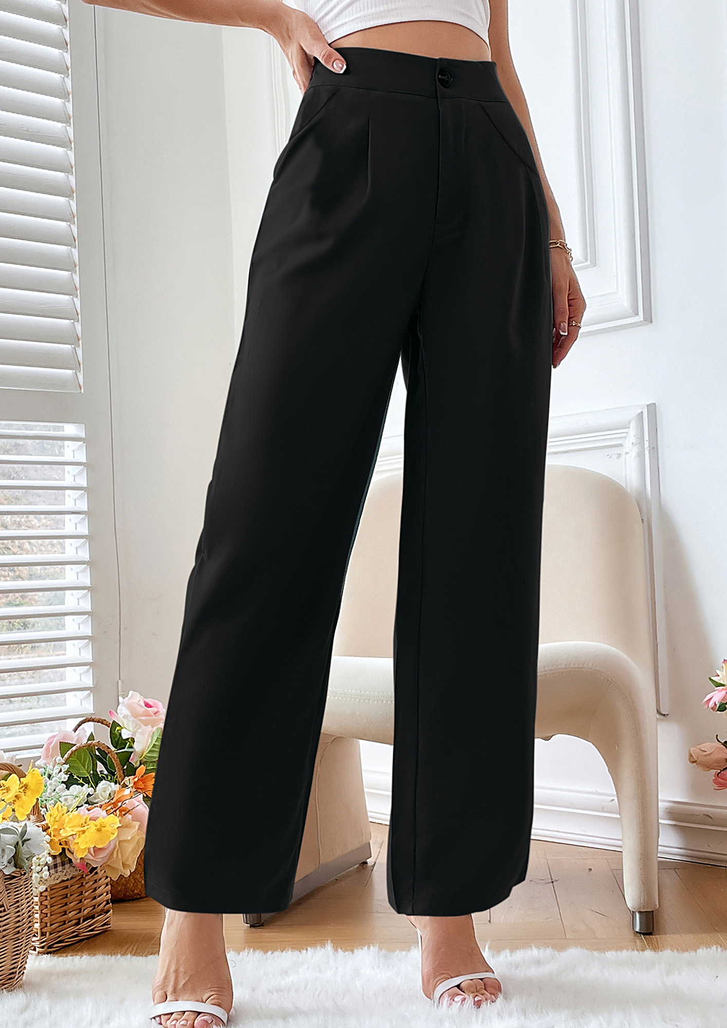 Nour Mid Rise Wide Leg Trousers in Black