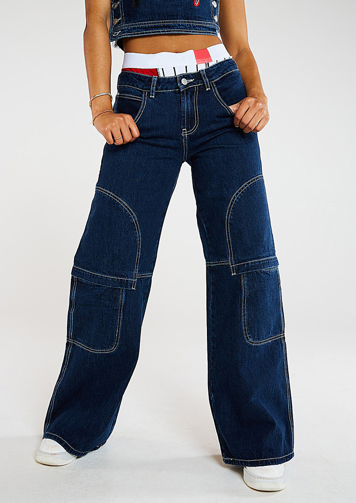 Wide Leg Contrast Stitch Low-rise Jeans