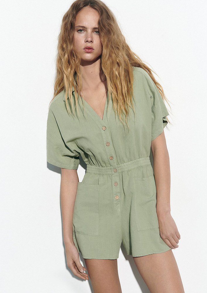 V-COLLAR GREEN CASUAL PLAYSUIT