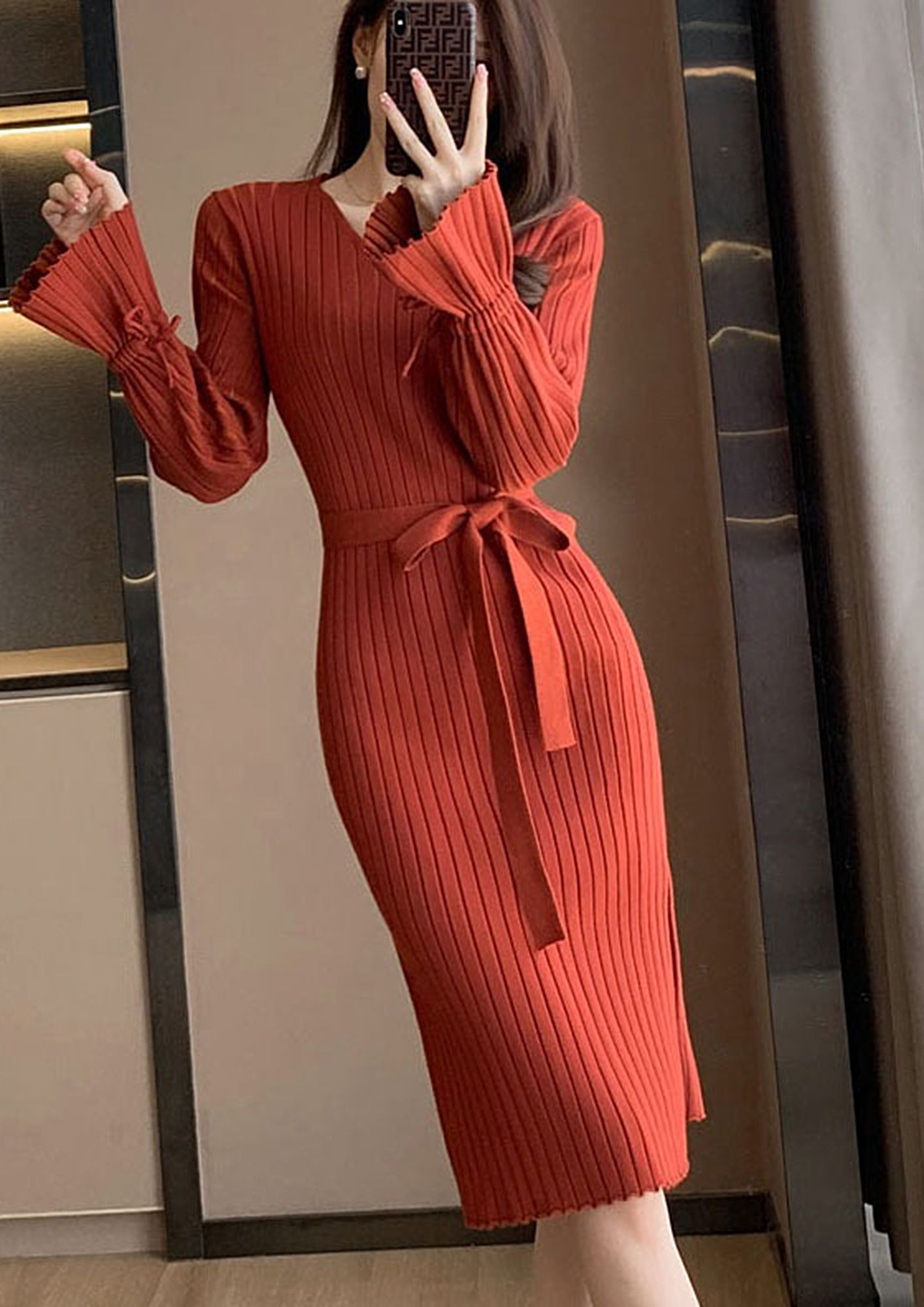 Buy POLYESTER FRONT SLIT KNITTED RED MIDI DRESS for Women Online in India