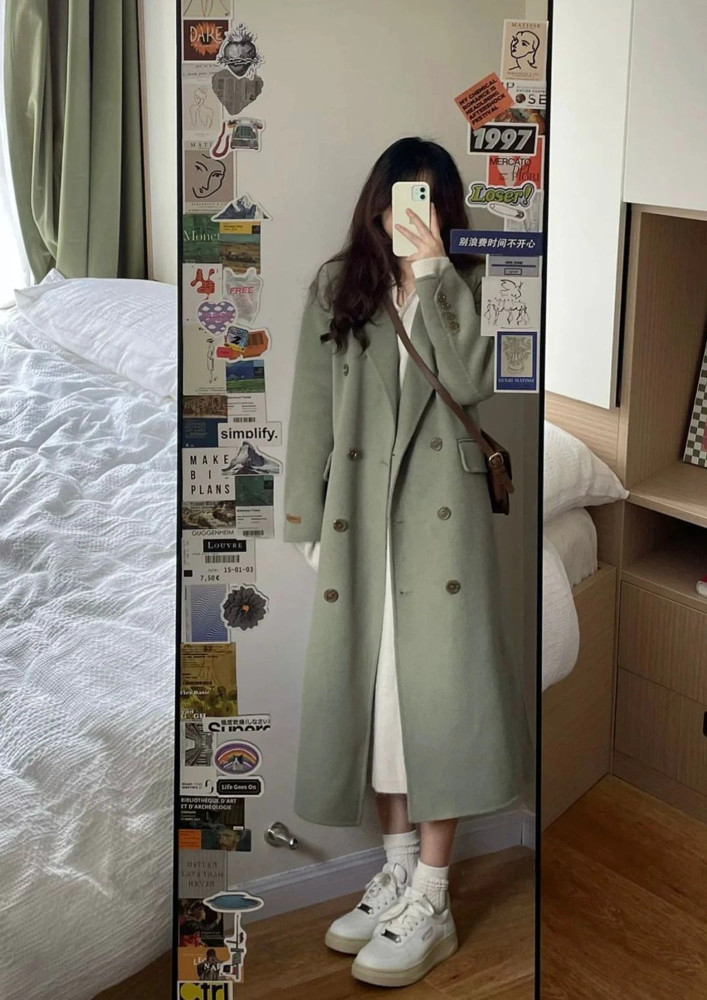 DOUBLE-BREASTED GREEN LAPEL LONG COAT