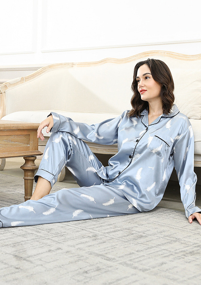 Blue Feather Print 2pc Pyjama Set