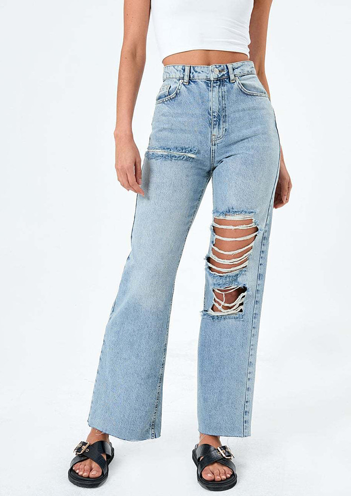Light Blue Ripping Distressed Straight Jeans
