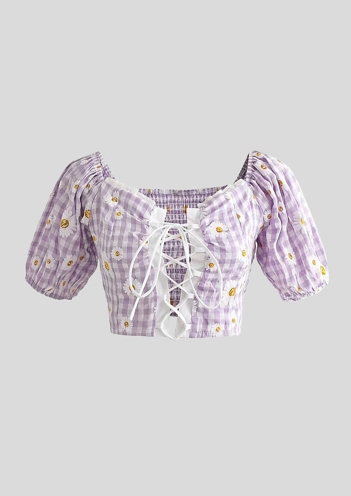 PURPLE LACE-UP PRINTED BLOUSE