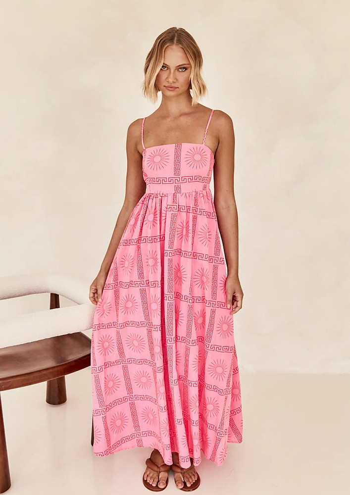 Pink Motif Print Summer Strappy Dress