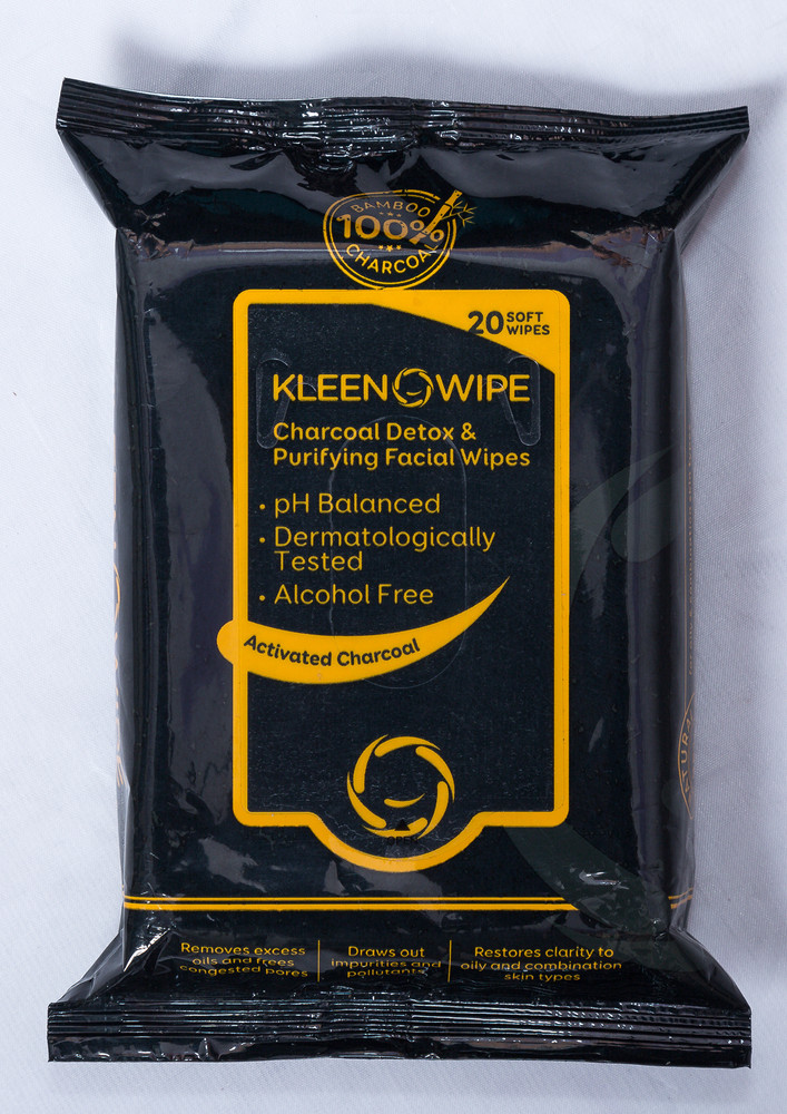 Kleenowipe Activated Charcoal Detox & Ultra Purifying Face Care Wipes For Women - 20 Pc Alcohol Free Ph Balanced Soft Wipes