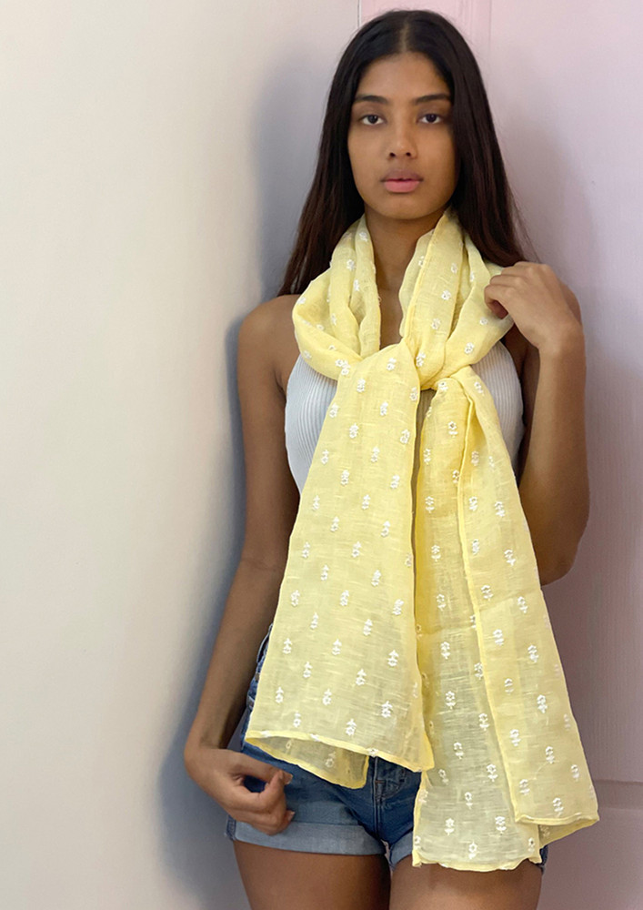 Ethnic Floral Embroidered Yellow Motif Linen Scarf