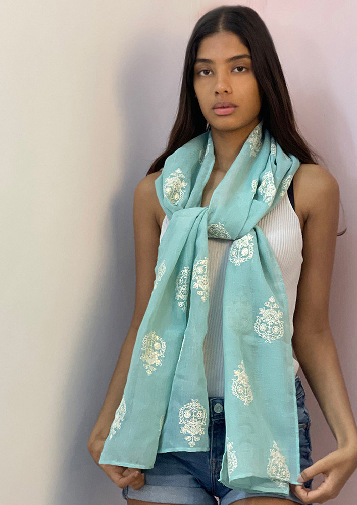 Ethnic Embroidered Green Motif Linen Scarf