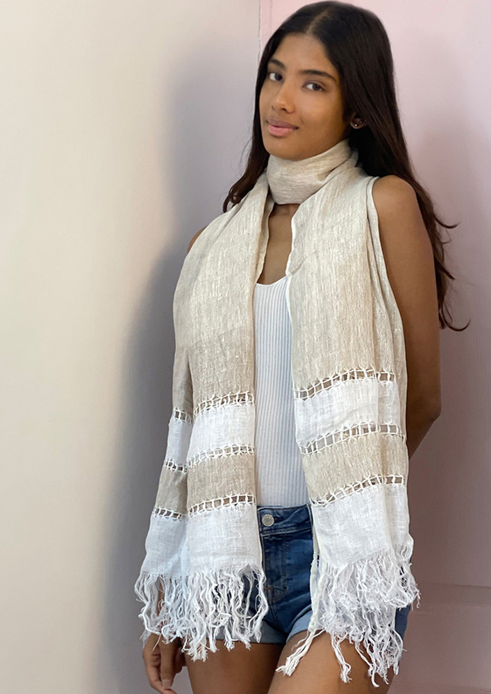 Ethnic Striped Beige Linen Scarf With Frayed Edges