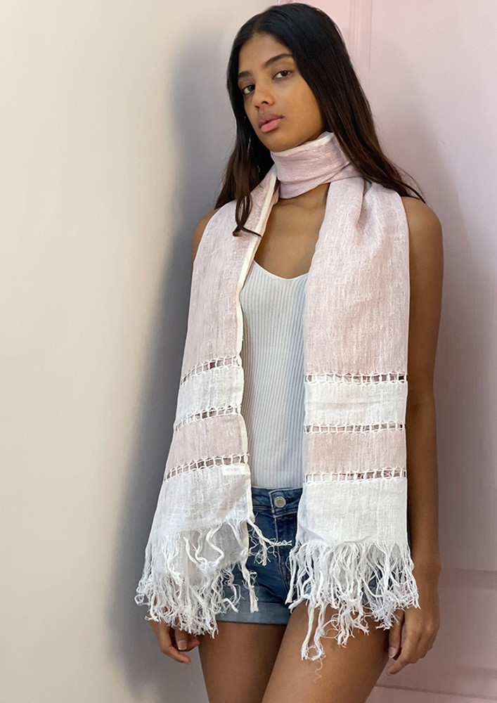 Ethnic Striped Pink Linen Scarf With Frayed Edges