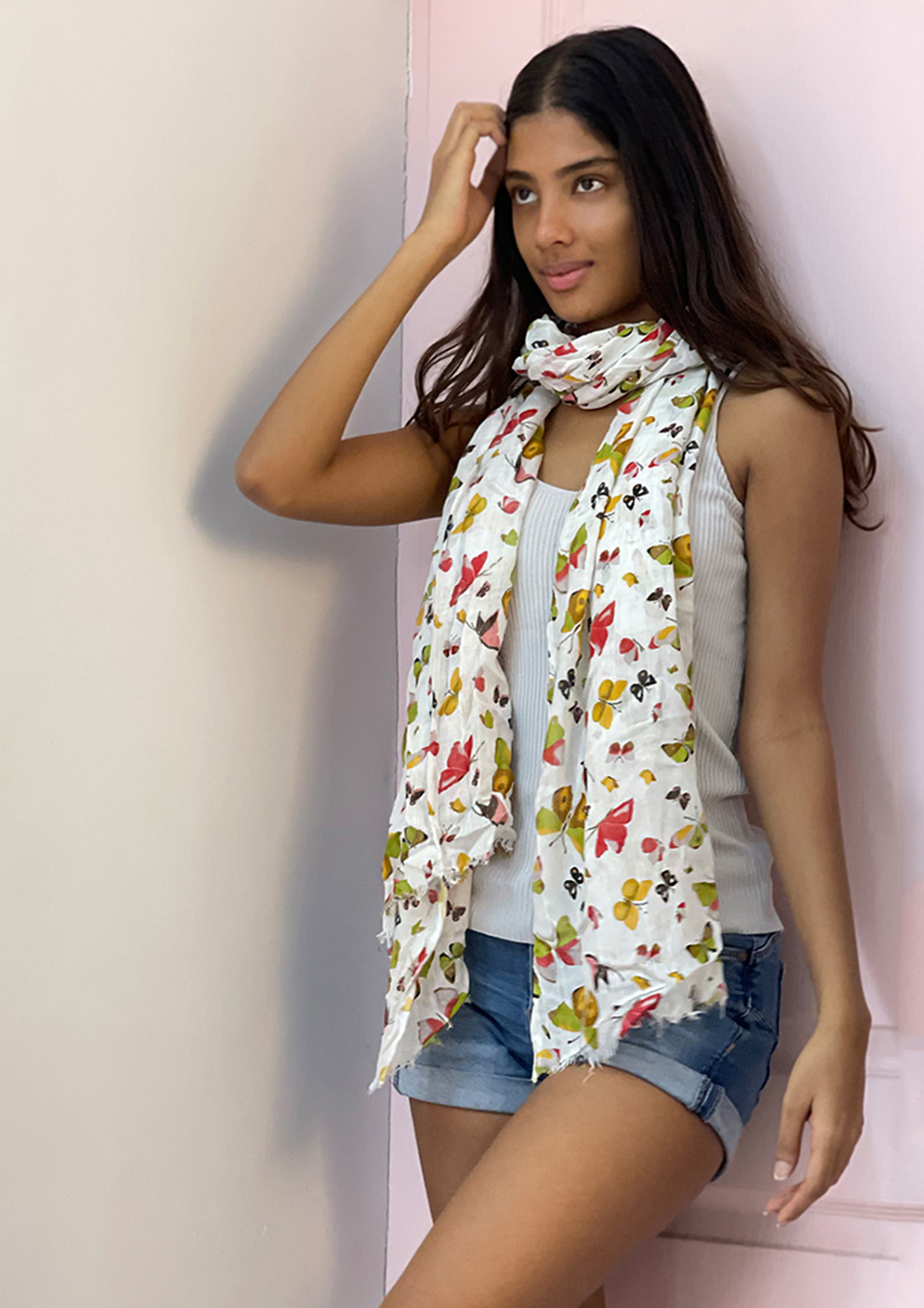 Contemporary Butterfly Printed Multicolor Viscose Scarf