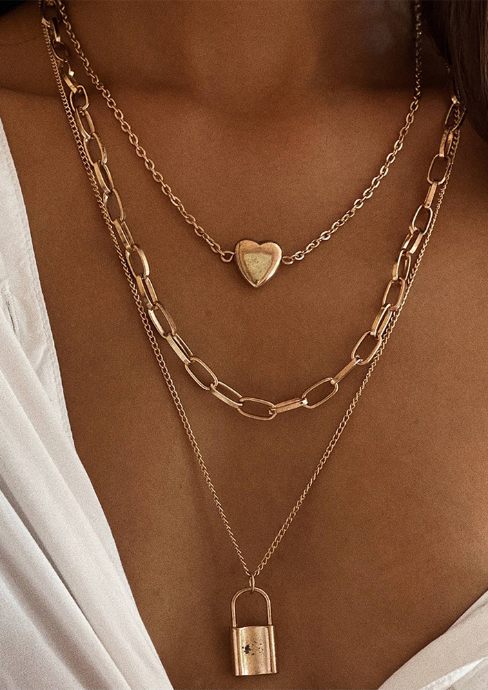 Lock & Heart Pendant Statement Layered Gold Necklace