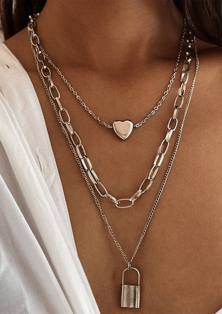 Lock & Heart Pendant Statement Layered Silver Necklace