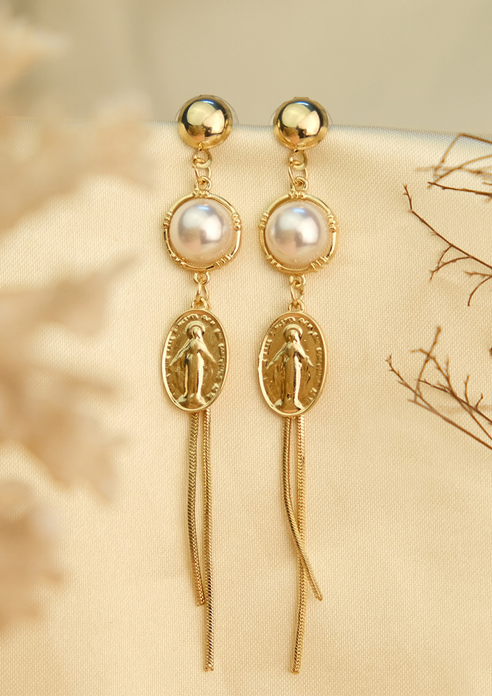 Contemporary Coin & Pearl Metallic Tassel Long Drop Earrings