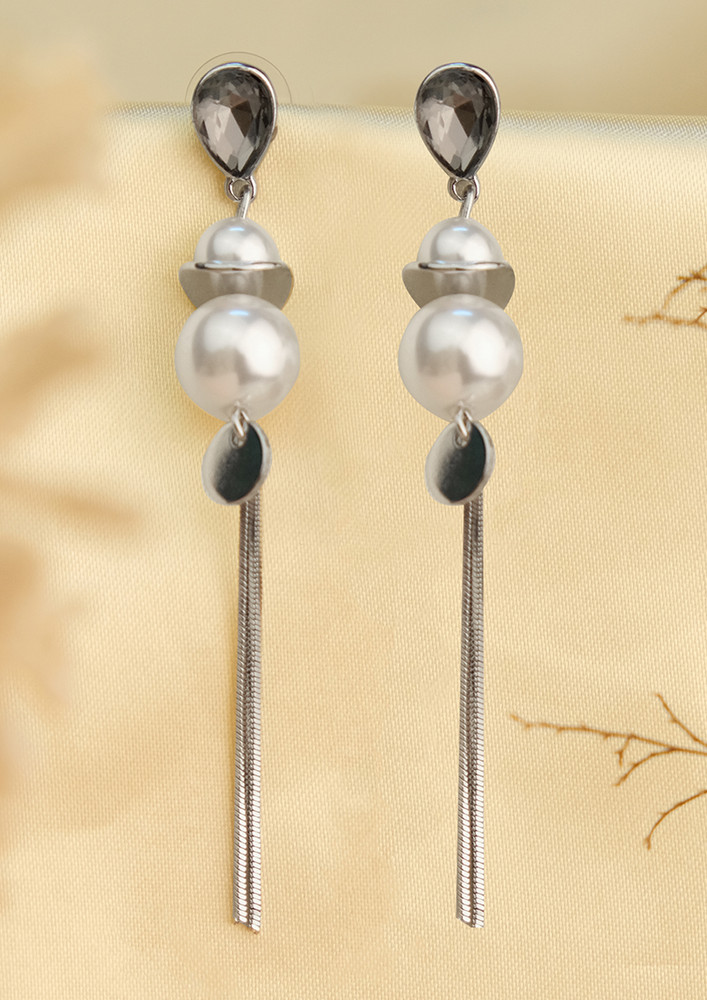 Contemporary Pearl & Rhinestone Long Tassel Drop Earrings
