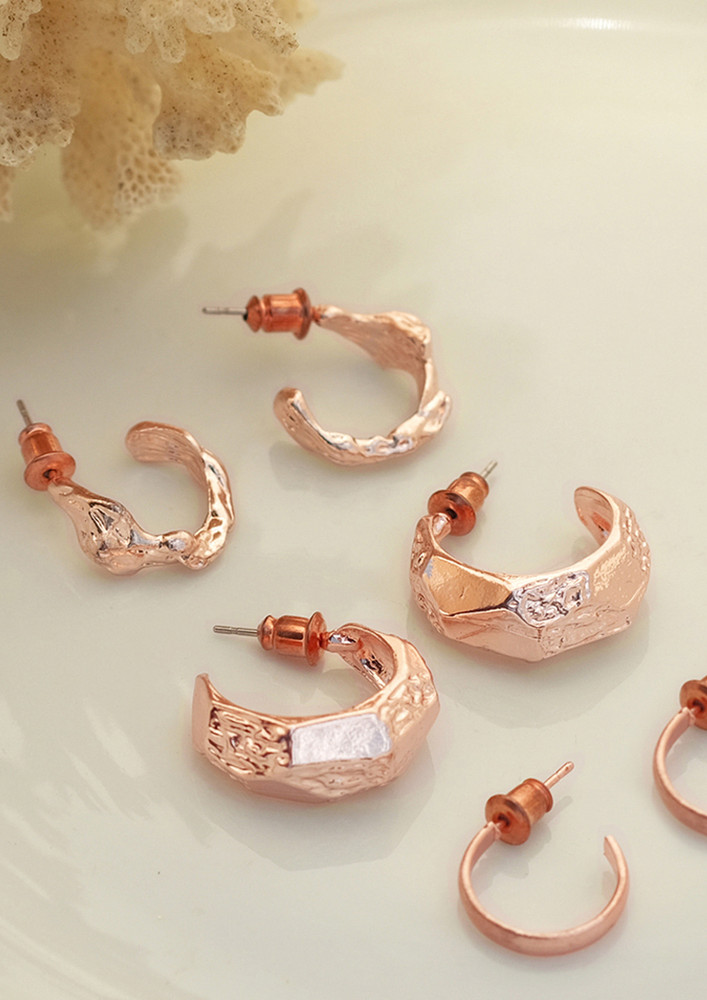 Set Of 3 Rose Gold Toned Textured Open-hoop Earrings