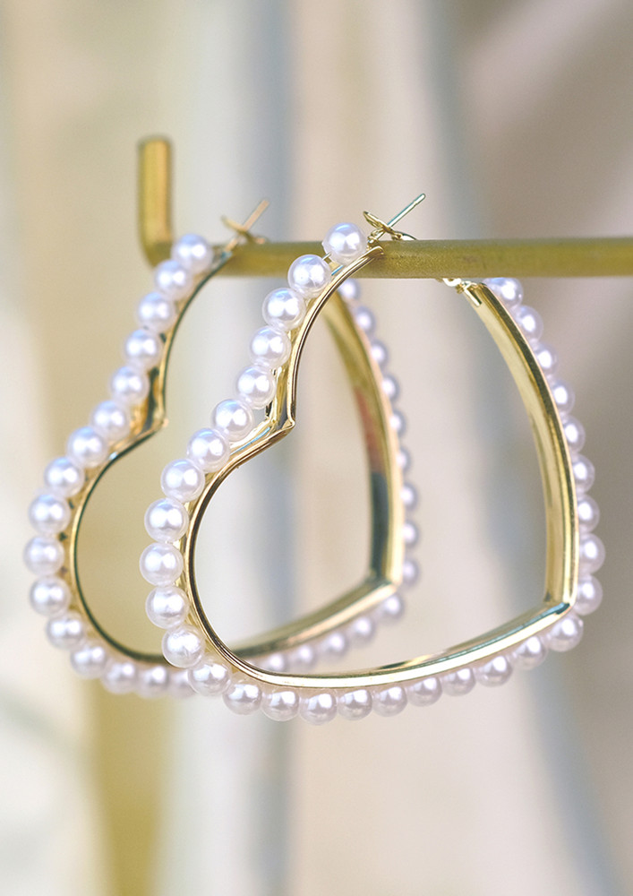 Oversized Pearl Studded Gold-toned Heart Hoop Earrings