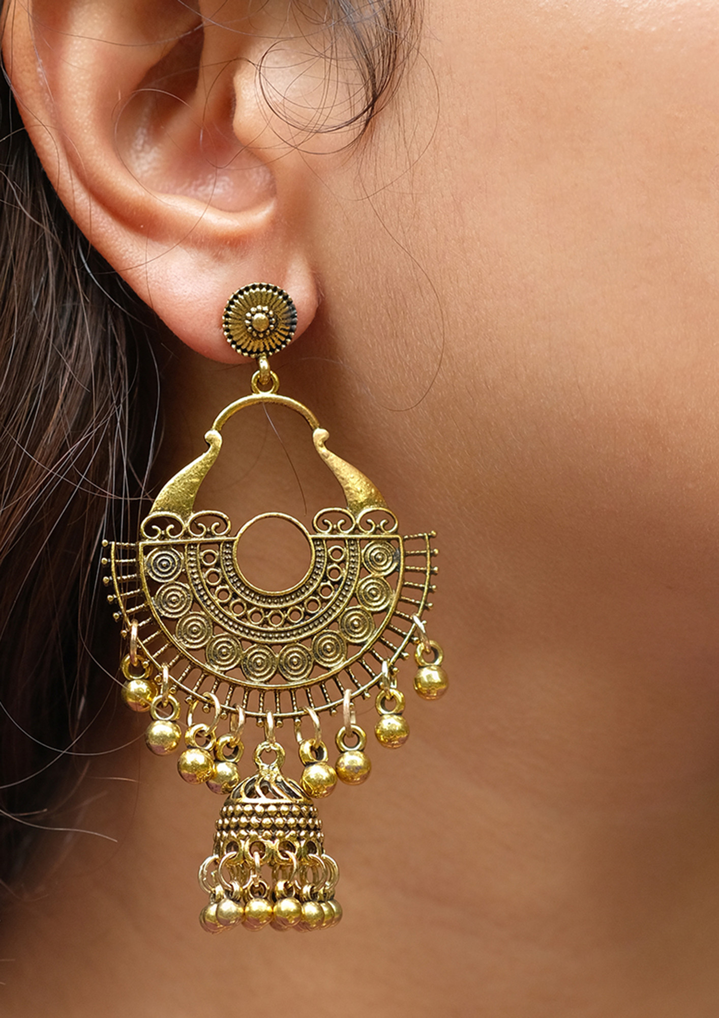 Ethnic Gold-Toned Half-Circular Ghungroo Jhumki Drop Earrings