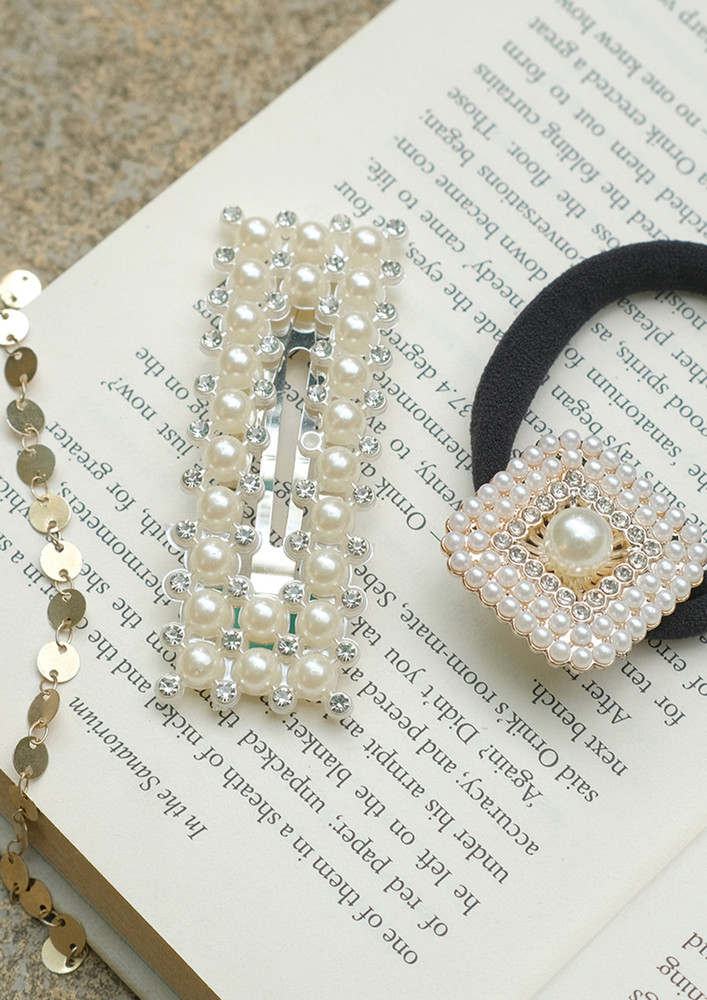 Set Of Two Pearl & Diamante Studded Oversized Rectangle Clip & Square Hair Tie