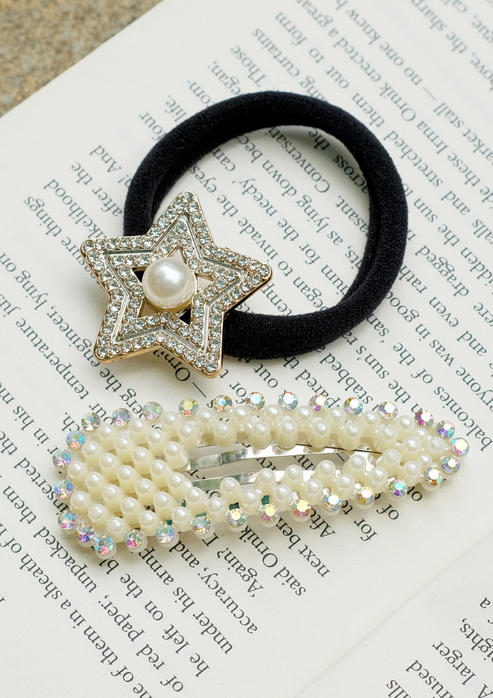 Set Of Two Pearl & Diamante Studded Oversized Clip & Star Hair Tie
