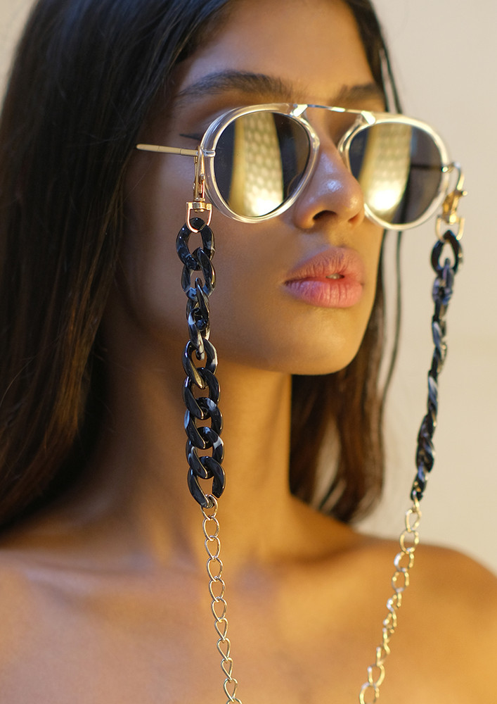 Metallic Gold-toned Chain-link Marble Black Acrylic Mask Chain Or Sunglass Chain