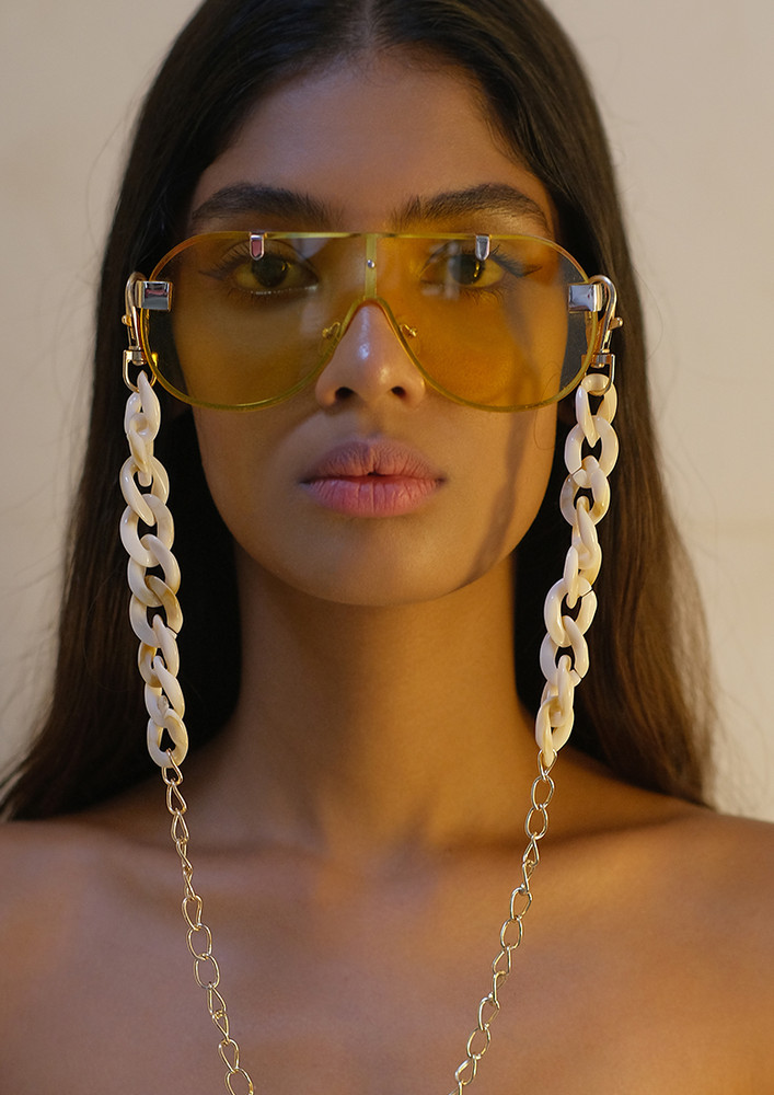 Metallic Gold-toned Chain-link Marble Beige Acrylic Mask Chain Or Sunglass Chain