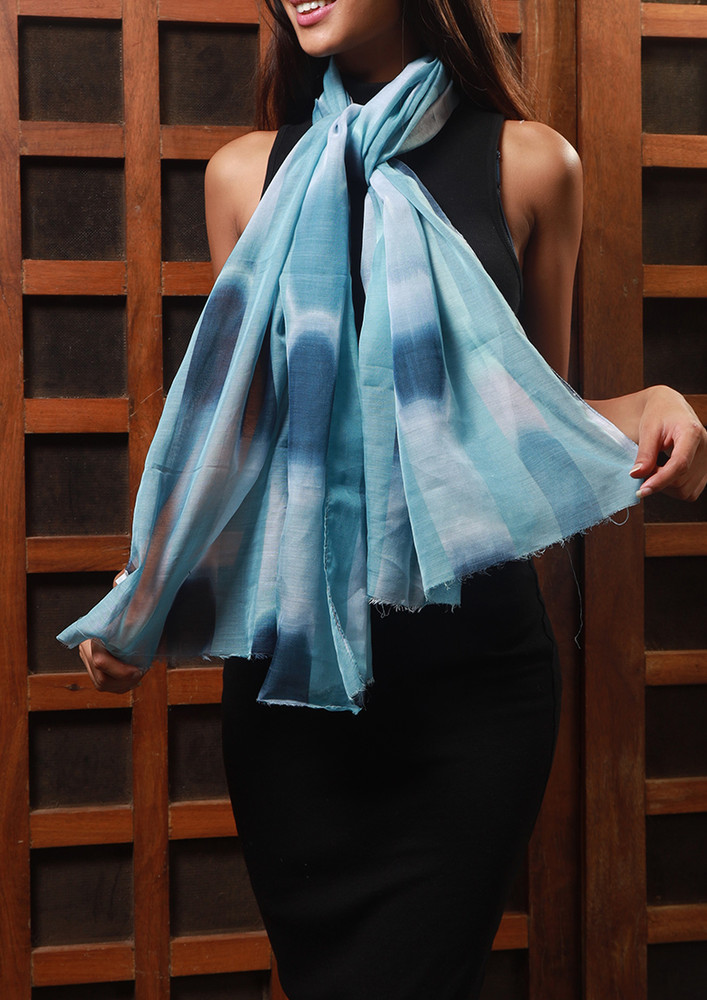 Contemporary Blue Abstract Printed Cotton Scarf