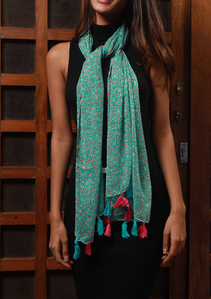 Contemporary Green Floral Printed Chiffon Polyester Tassel Scarf