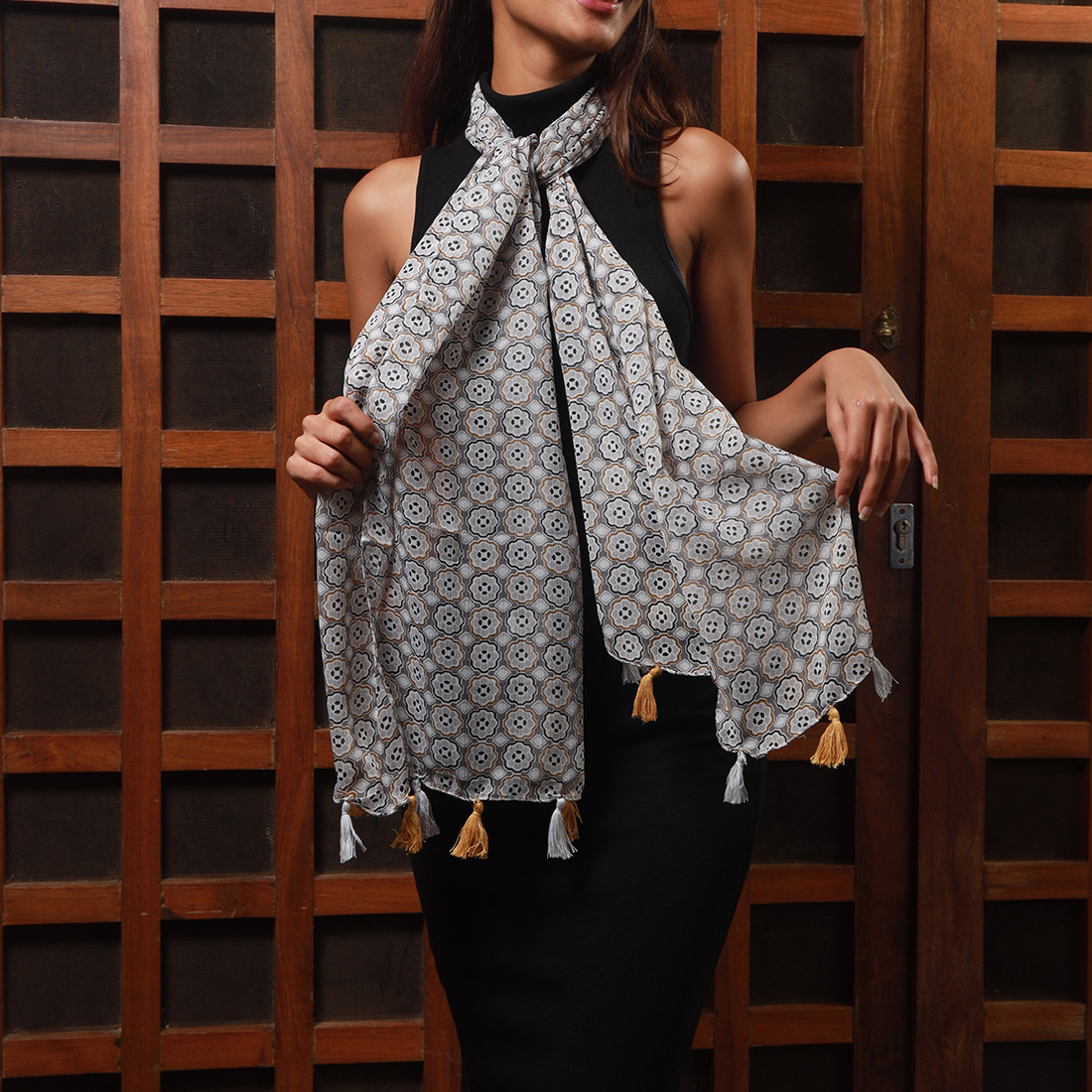 Contemporary Grey Floral Printed Chiffon Polyester Tassel Scarf