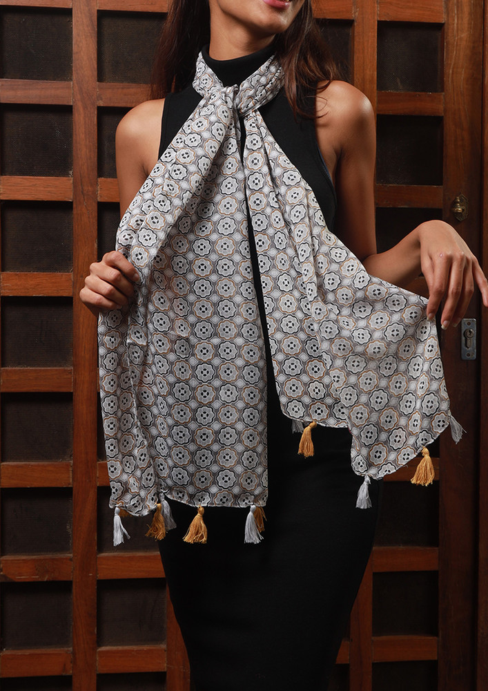 Contemporary Grey Floral Printed Chiffon Polyester Tassel Scarf
