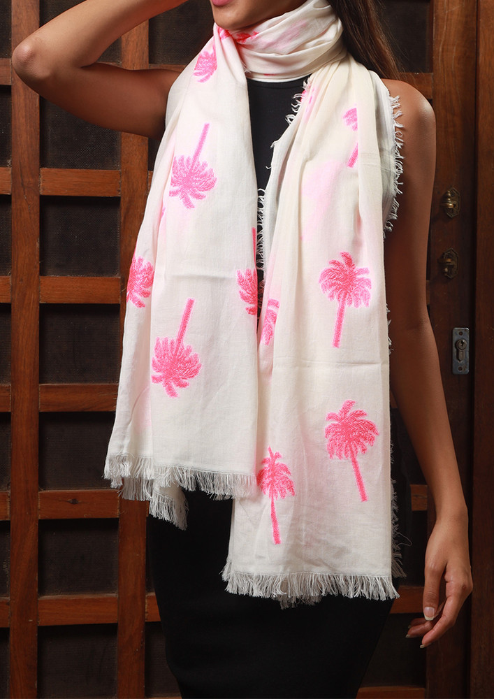 Contemporary Neon Pink Palm Tree Embroidered White Cotton Scarf