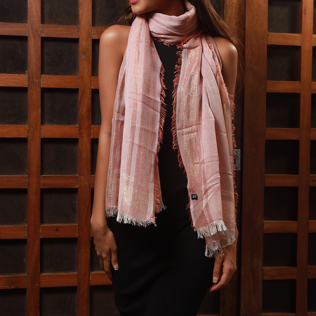 Contemporary Solid Pinkish Red Cotton Scarf With Golden Border