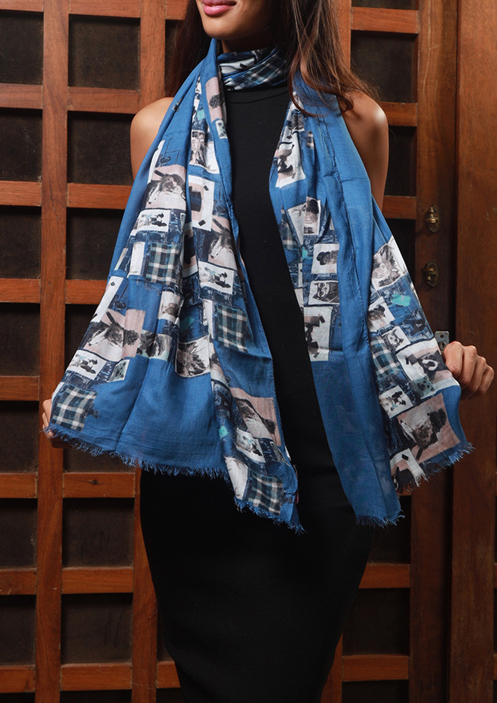 Contemporary Abstract Animal Pictures Printed Blue Polyester Scarf