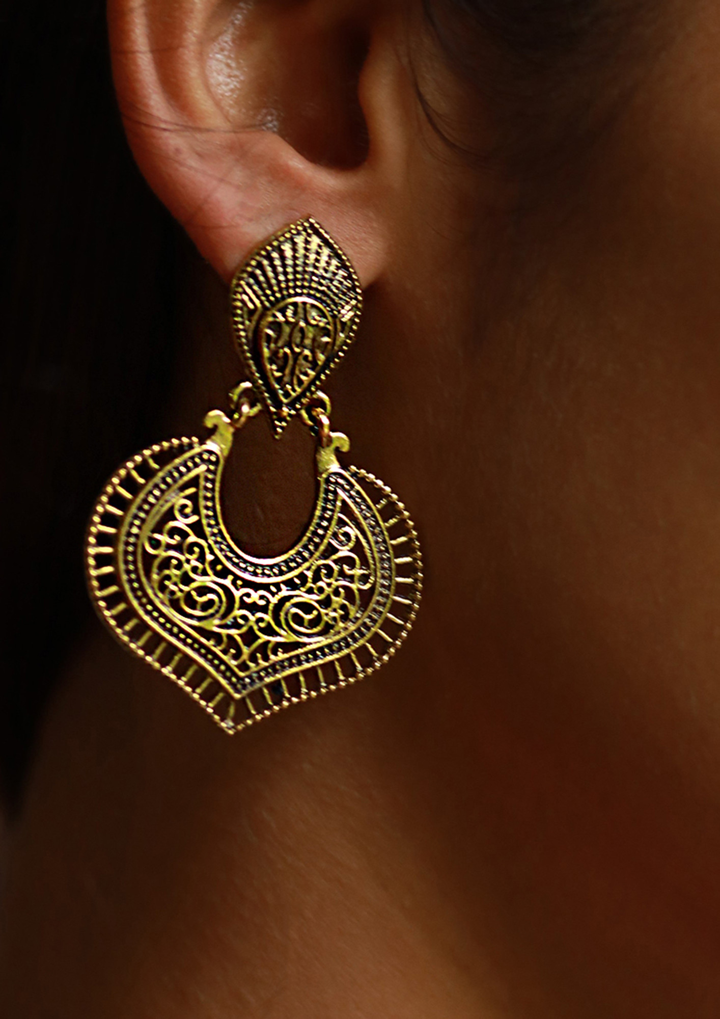 Ethnic Gold-Toned Oxidized Petal Drop Earrings