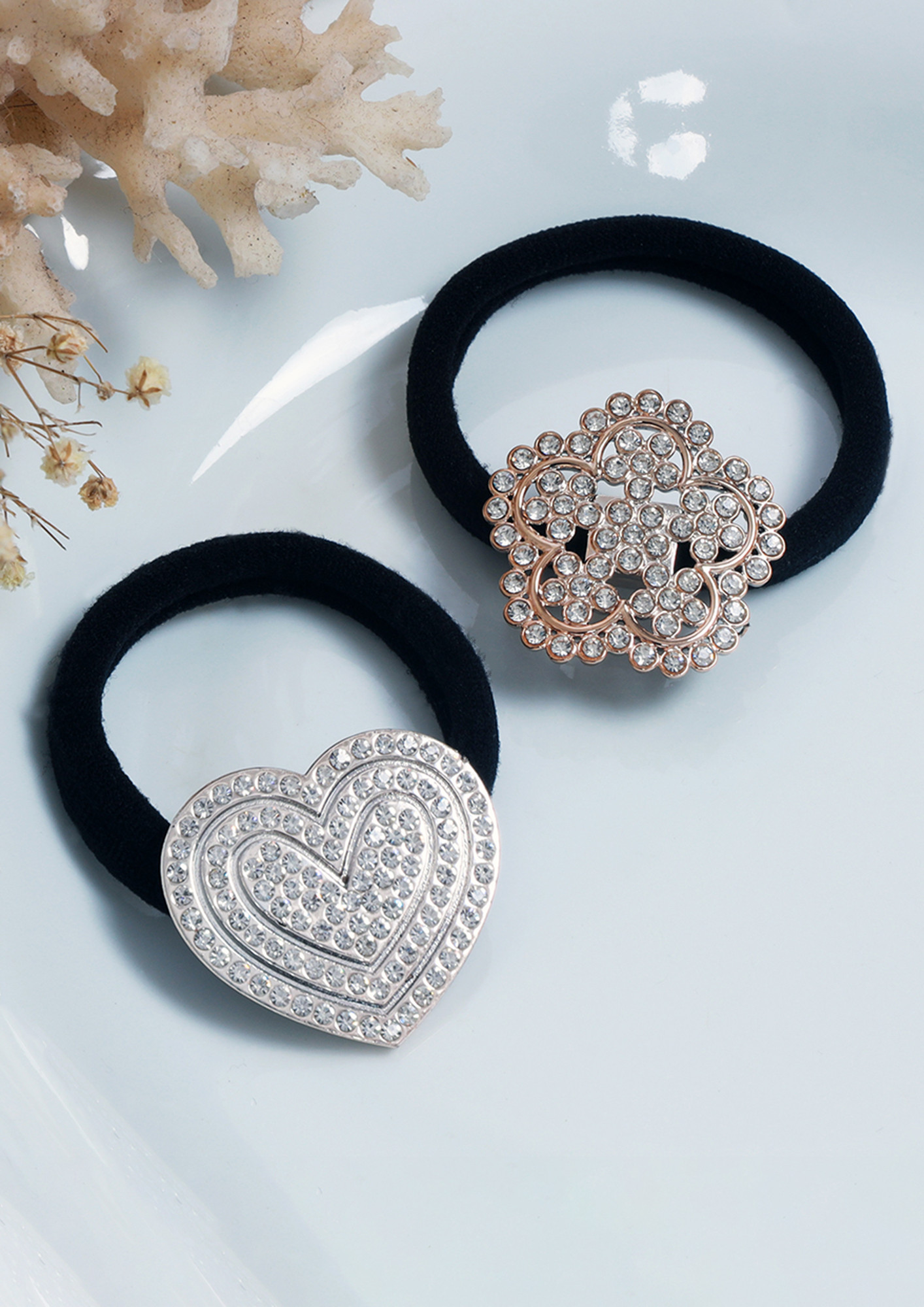 Set Of Two Diamante Studded Oversized Flower & Heart Hair Ties
